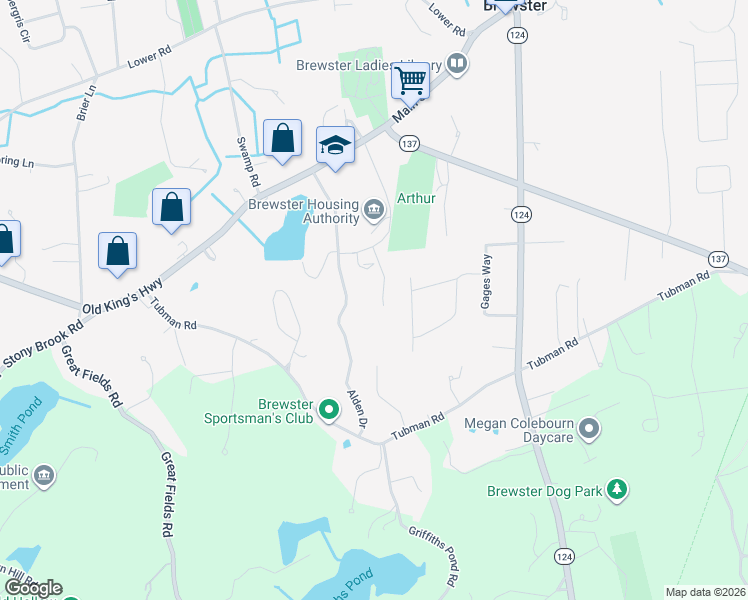 map of restaurants, bars, coffee shops, grocery stores, and more near 30 Brewster Woods Drive in Brewster