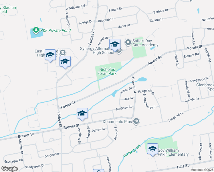 map of restaurants, bars, coffee shops, grocery stores, and more near 174 Forest Street in East Hartford