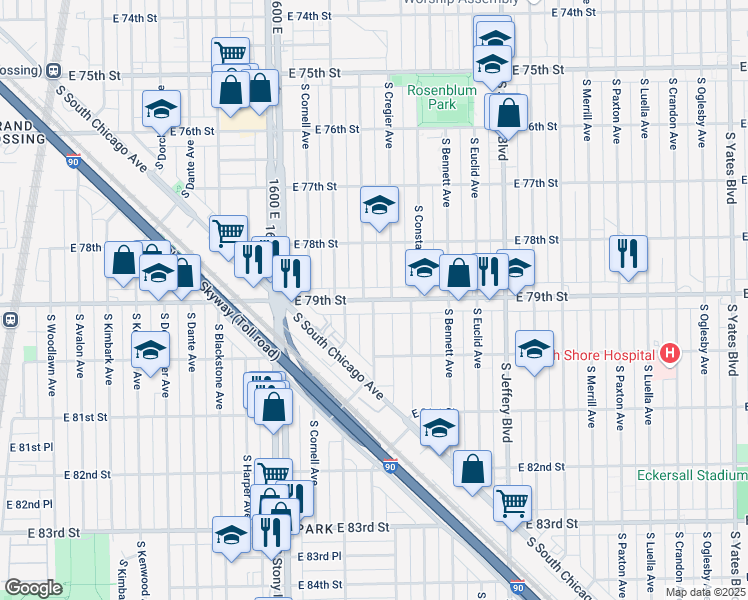 map of restaurants, bars, coffee shops, grocery stores, and more near E 79th St & S Ridgeland Ave in Chicago