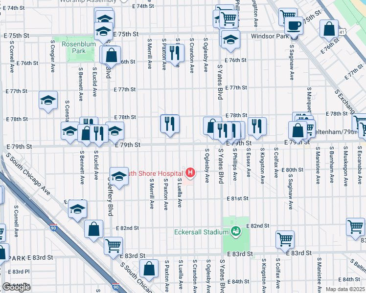 map of restaurants, bars, coffee shops, grocery stores, and more near 7903 South Luella Avenue in Chicago