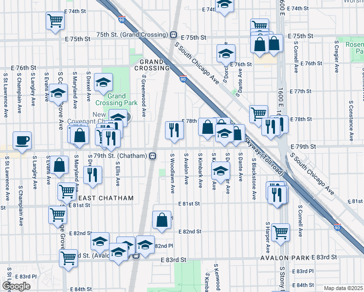 map of restaurants, bars, coffee shops, grocery stores, and more near 1220 East 79th Street in Chicago