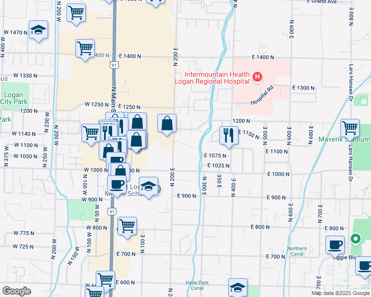 map of restaurants, bars, coffee shops, grocery stores, and more near 246 East 1100 North in Logan