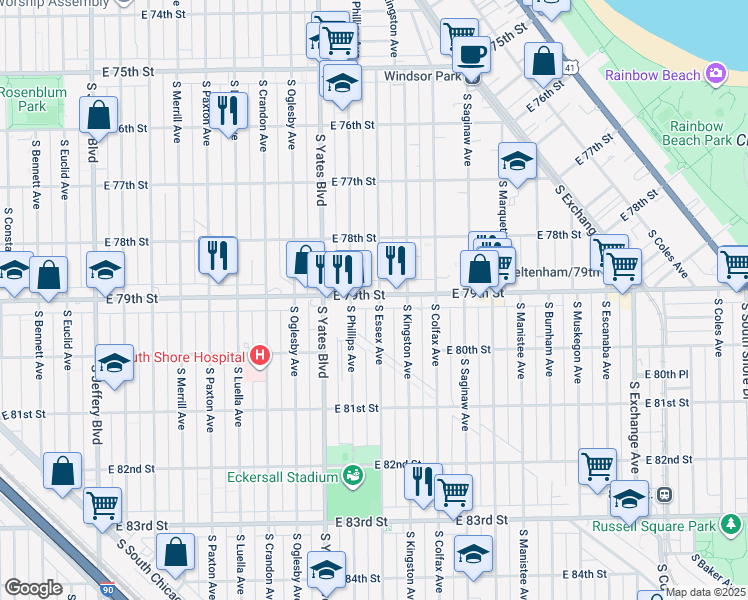 map of restaurants, bars, coffee shops, grocery stores, and more near 7924 South Essex Avenue in Chicago