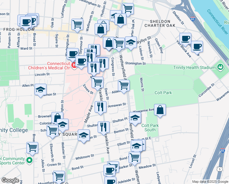 map of restaurants, bars, coffee shops, grocery stores, and more near 40 Alden Street in Hartford