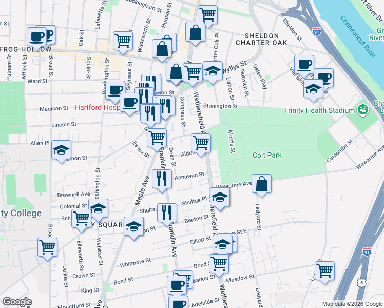 map of restaurants, bars, coffee shops, grocery stores, and more near 171 Wethersfield Avenue in Hartford