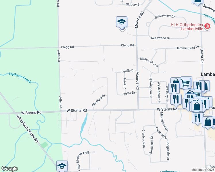 map of restaurants, bars, coffee shops, grocery stores, and more near 7499 Canterbury Drive in Lambertville