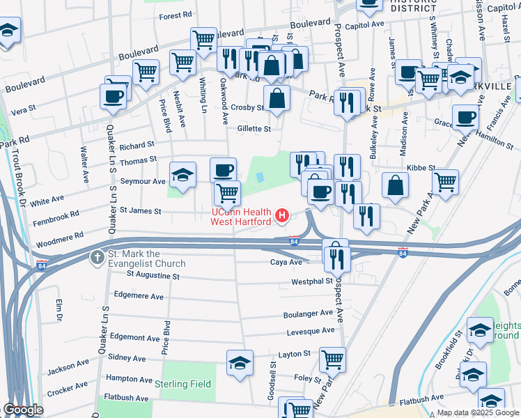 map of restaurants, bars, coffee shops, grocery stores, and more near 130 Kane Street in West Hartford