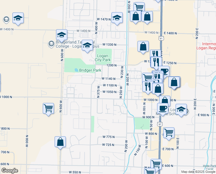 map of restaurants, bars, coffee shops, grocery stores, and more near 350 West 1050 North in Logan