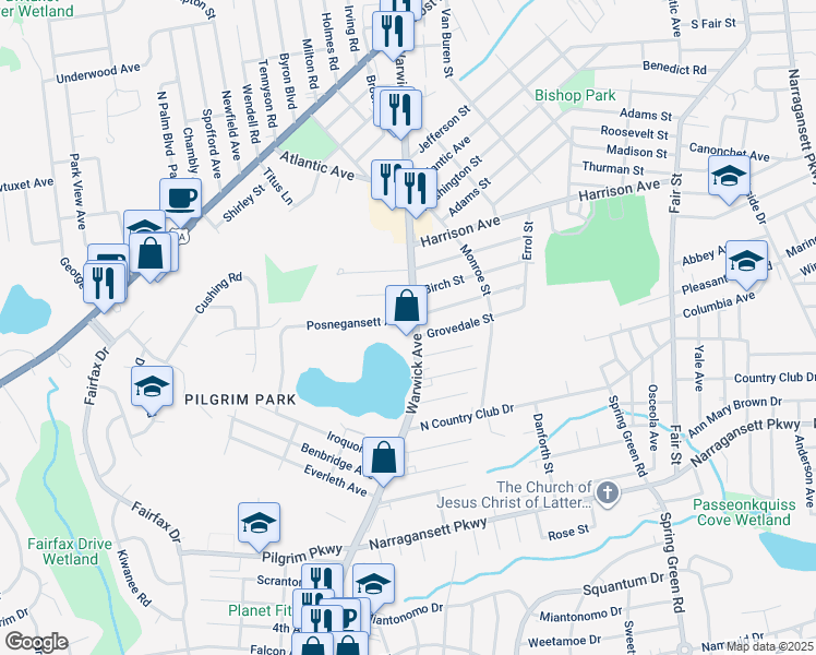 map of restaurants, bars, coffee shops, grocery stores, and more near 919 Warwick Avenue in Warwick