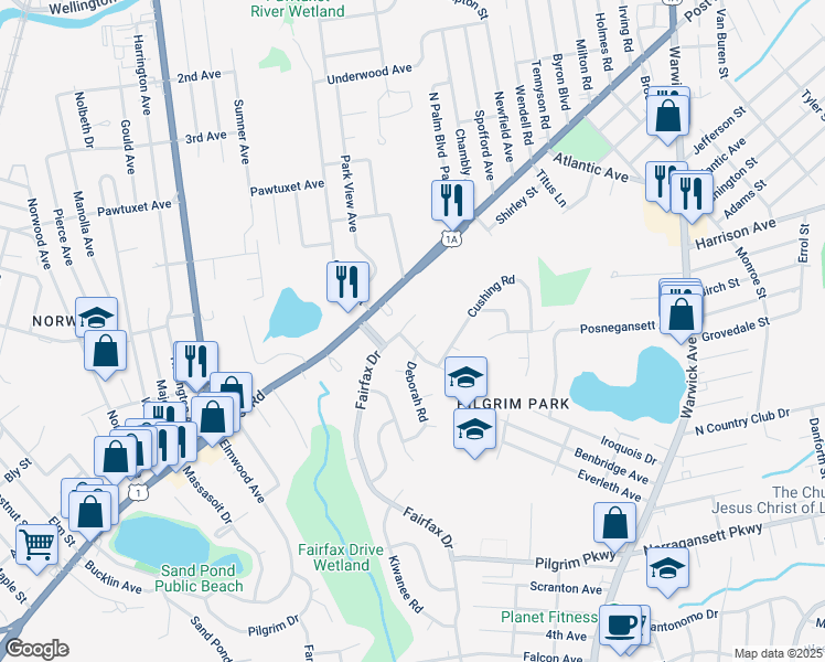 map of restaurants, bars, coffee shops, grocery stores, and more near 3 Deborah Road in Warwick