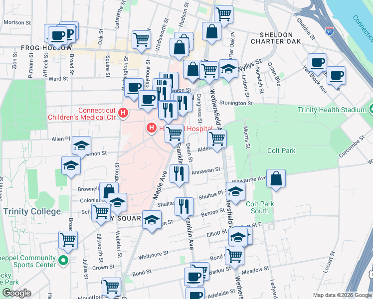 map of restaurants, bars, coffee shops, grocery stores, and more near 48 Dean Street in Hartford