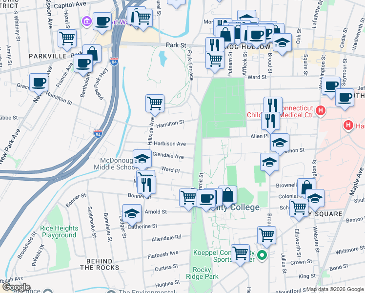 map of restaurants, bars, coffee shops, grocery stores, and more near 20 Glendale Avenue in Hartford