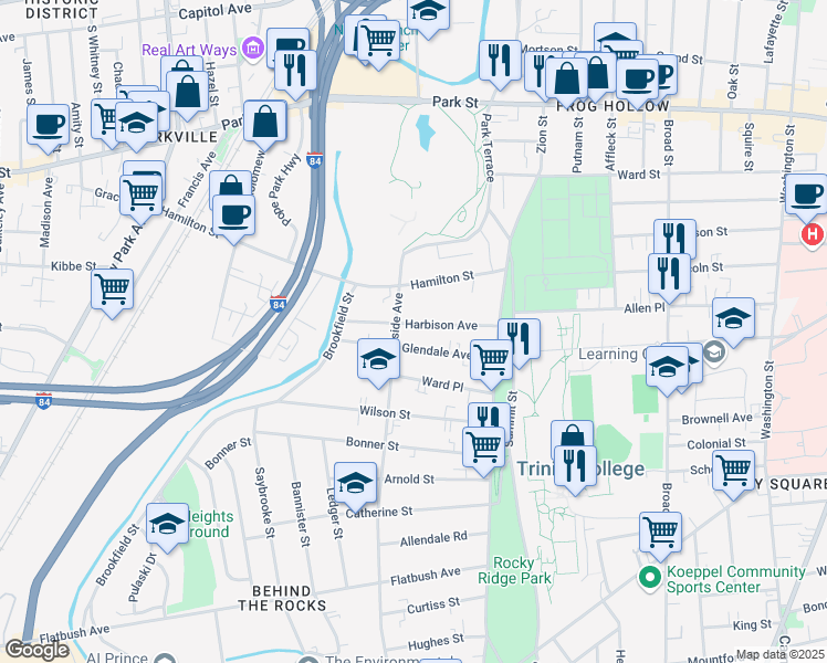map of restaurants, bars, coffee shops, grocery stores, and more near 95 Glendale Avenue in Hartford
