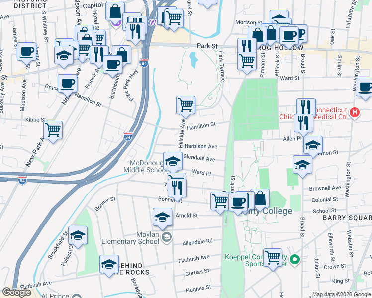 map of restaurants, bars, coffee shops, grocery stores, and more near 95 Glendale Avenue in Hartford