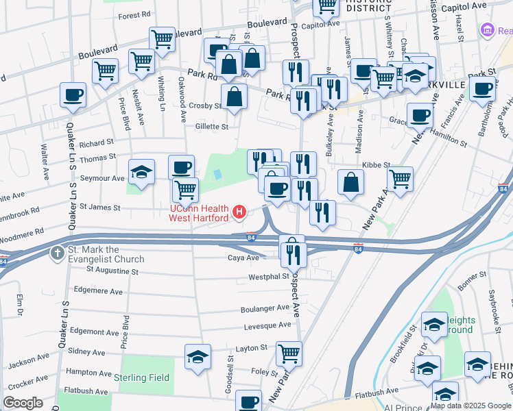 map of restaurants, bars, coffee shops, grocery stores, and more near 55 Kane Street in West Hartford