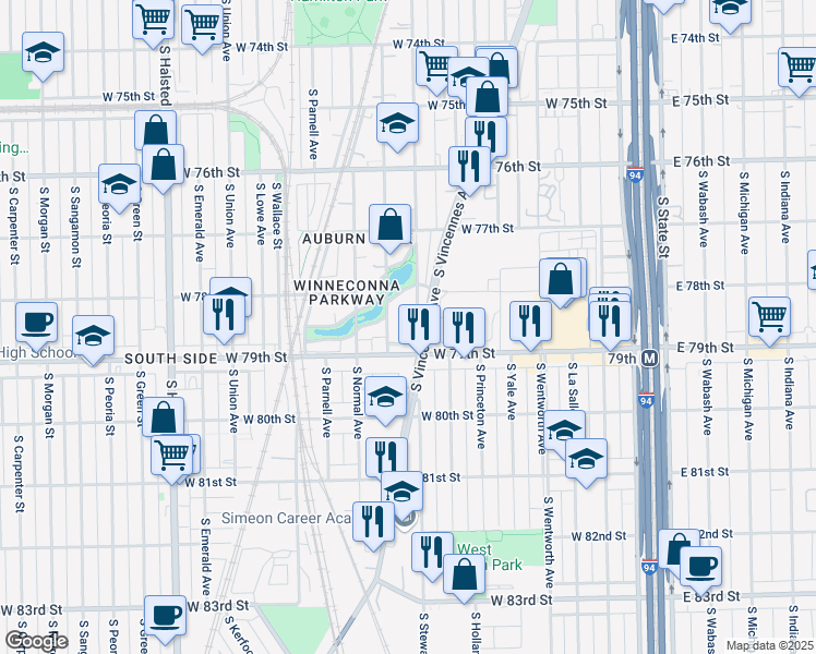 map of restaurants, bars, coffee shops, grocery stores, and more near 400 West 79th Street in Chicago