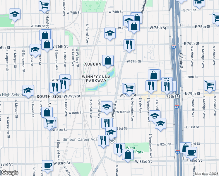 map of restaurants, bars, coffee shops, grocery stores, and more near 400 West 79th Street in Chicago