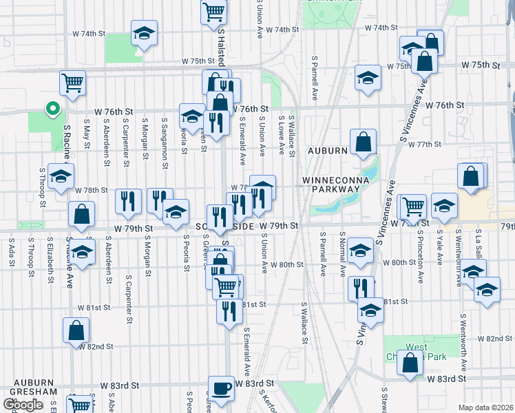map of restaurants, bars, coffee shops, grocery stores, and more near 7848 South Union Avenue in Chicago