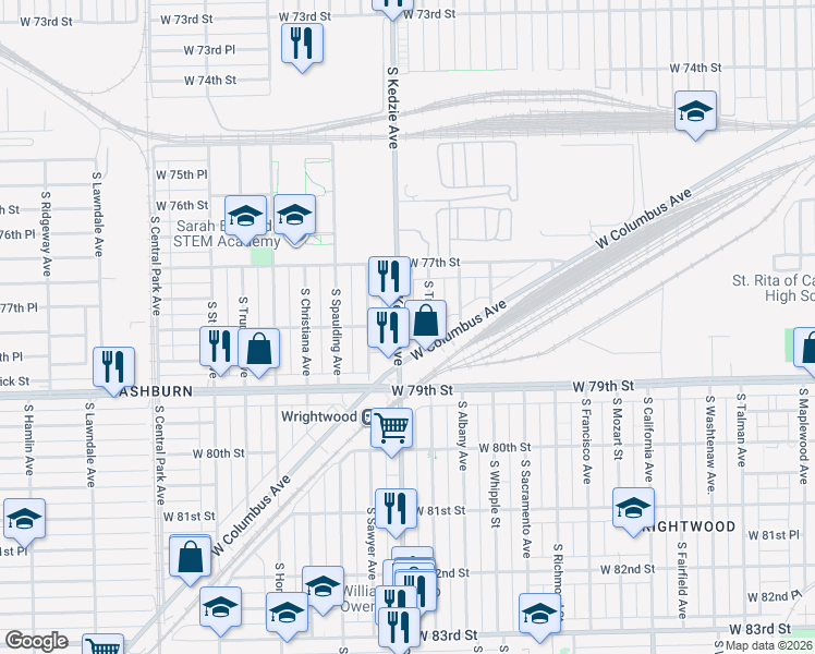 map of restaurants, bars, coffee shops, grocery stores, and more near 3156 West Columbus Avenue in Chicago