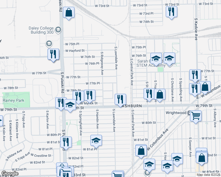 map of restaurants, bars, coffee shops, grocery stores, and more near 3733 West 78th Street in Chicago