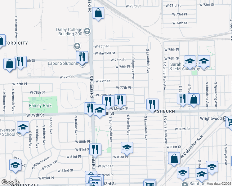 map of restaurants, bars, coffee shops, grocery stores, and more near 3804 West 78th Place in Chicago