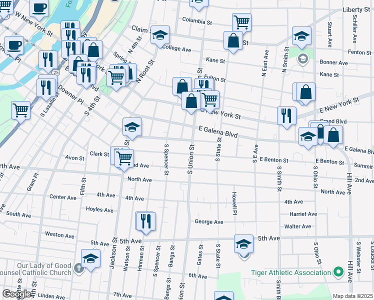 map of restaurants, bars, coffee shops, grocery stores, and more near 637 East Benton Street in Aurora