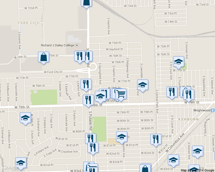 map of restaurants, bars, coffee shops, grocery stores, and more near 3824 West 78th Street in Chicago