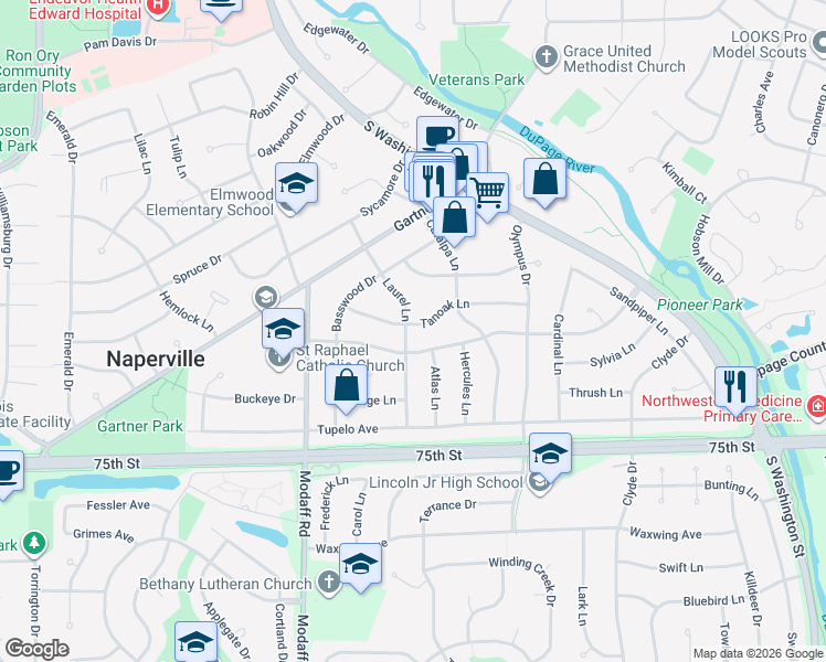 map of restaurants, bars, coffee shops, grocery stores, and more near 228 Tamarack Avenue in Naperville