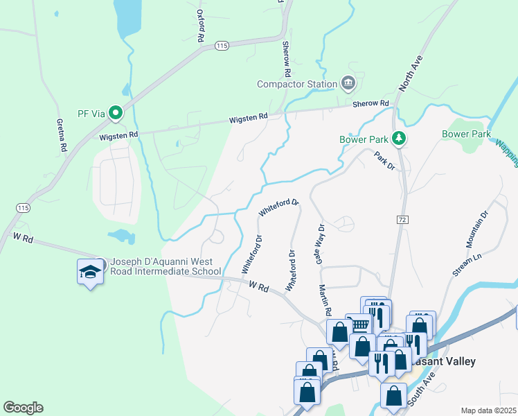 map of restaurants, bars, coffee shops, grocery stores, and more near 45 Whiteford Drive in Pleasant Valley