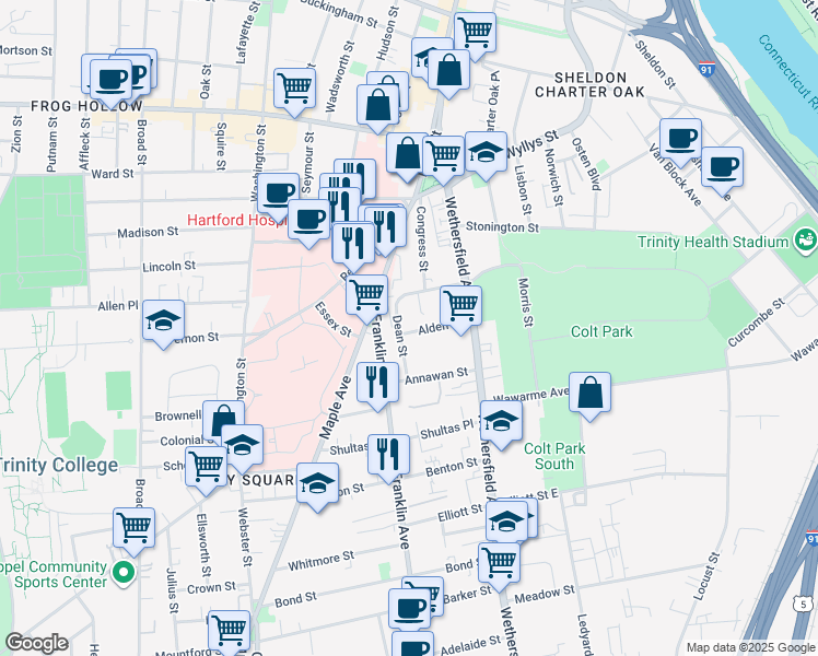 map of restaurants, bars, coffee shops, grocery stores, and more near 48 Dean Street in Hartford
