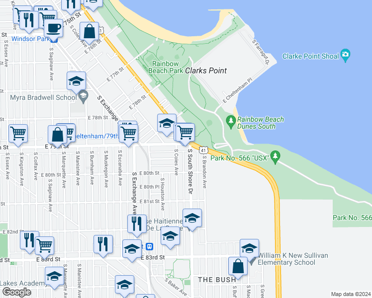 map of restaurants, bars, coffee shops, grocery stores, and more near 7900 South South Shore Drive in Chicago