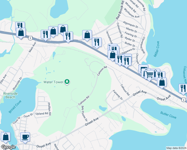 map of restaurants, bars, coffee shops, grocery stores, and more near 48 Cahoon Road in Wareham