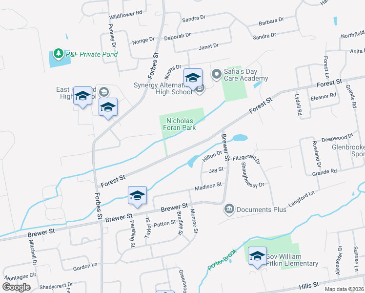 map of restaurants, bars, coffee shops, grocery stores, and more near 163 Forest Street in East Hartford