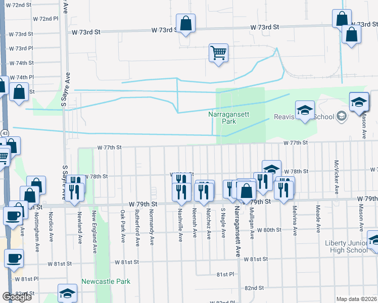 map of restaurants, bars, coffee shops, grocery stores, and more near 7722 Neenah Avenue in Burbank