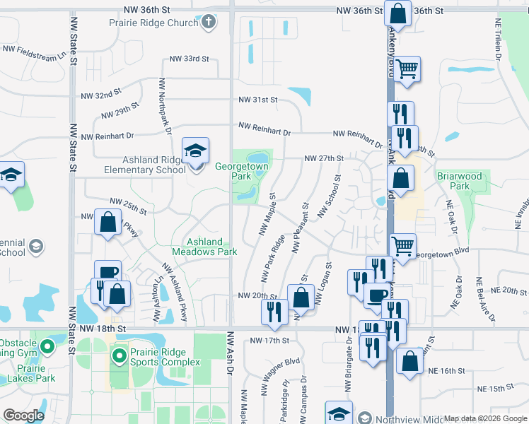 map of restaurants, bars, coffee shops, grocery stores, and more near 2321 Northwest Maple Street in Ankeny