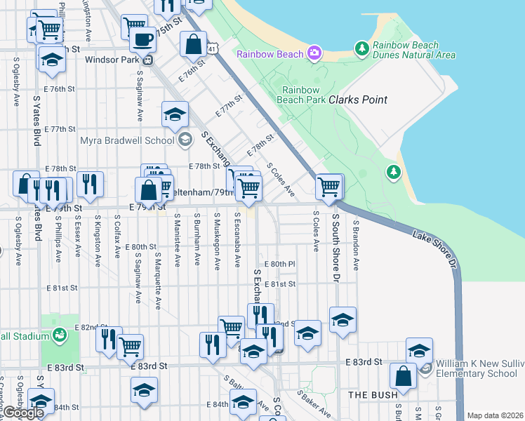 map of restaurants, bars, coffee shops, grocery stores, and more near 7905 South Exchange Avenue in Chicago