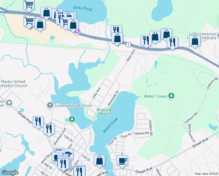 map of restaurants, bars, coffee shops, grocery stores, and more near 21 Riverside Drive in Wareham