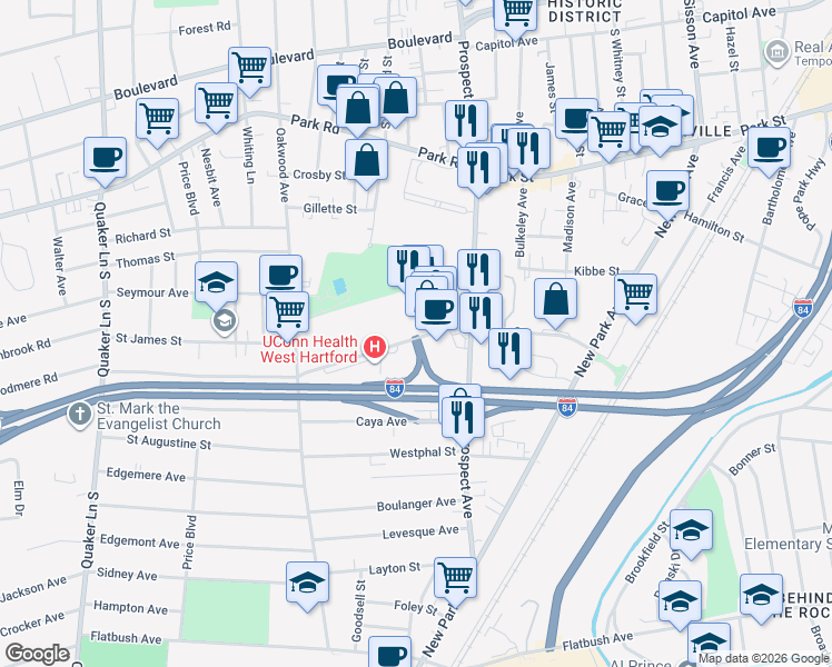 map of restaurants, bars, coffee shops, grocery stores, and more near 90 Kane Street in West Hartford
