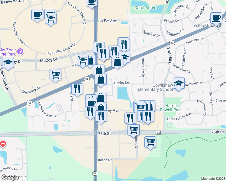 map of restaurants, bars, coffee shops, grocery stores, and more near 2933 Henley Lane in Naperville