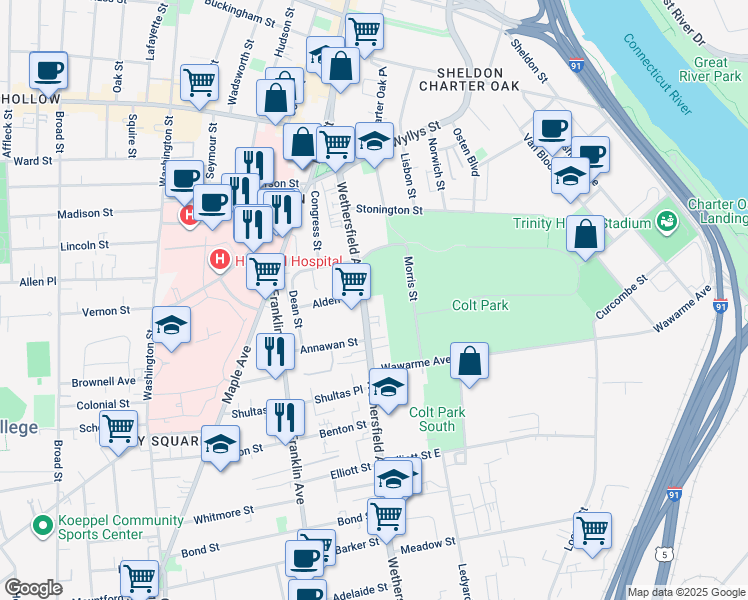 map of restaurants, bars, coffee shops, grocery stores, and more near 176 Wethersfield Avenue in Hartford