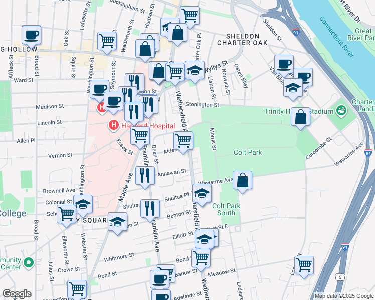 map of restaurants, bars, coffee shops, grocery stores, and more near 176 Wethersfield Avenue in Hartford