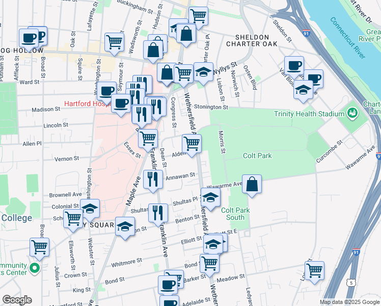map of restaurants, bars, coffee shops, grocery stores, and more near 171 Wethersfield Avenue in Hartford