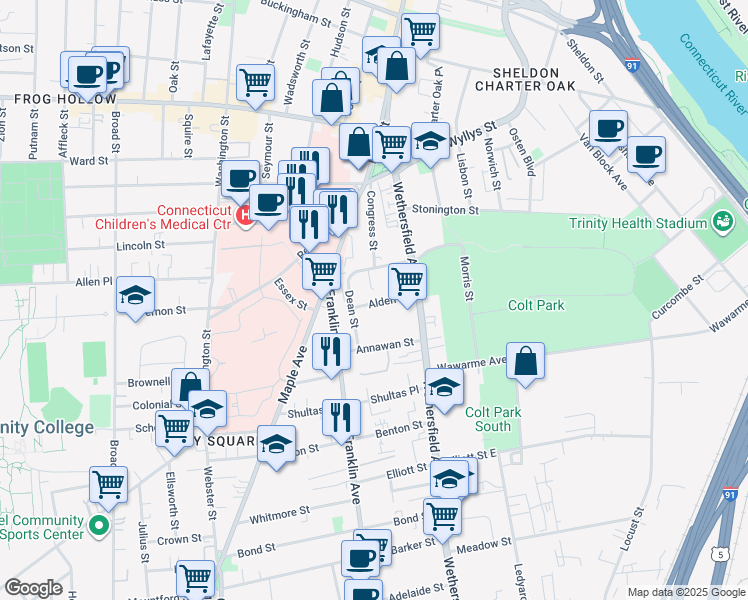 map of restaurants, bars, coffee shops, grocery stores, and more near 48 Dean Street in Hartford