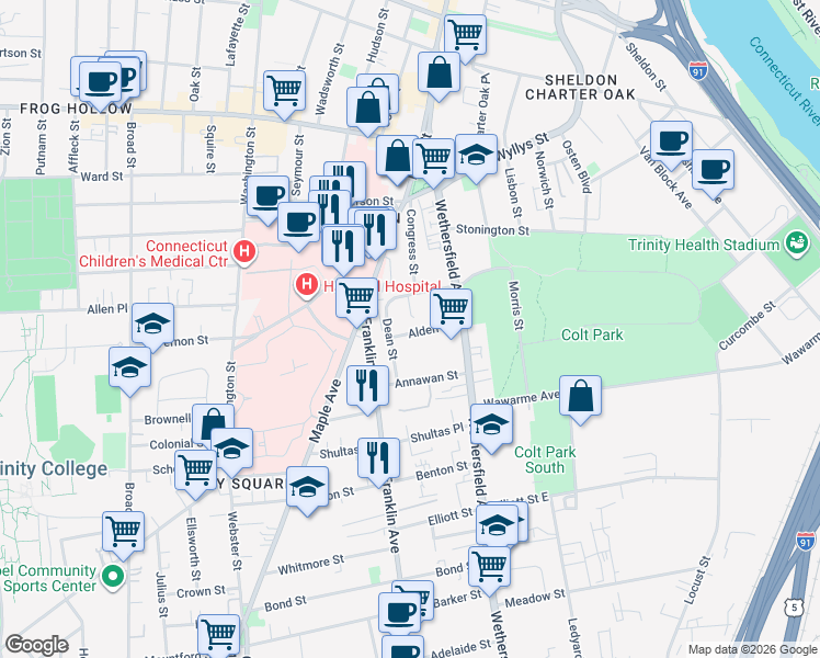 map of restaurants, bars, coffee shops, grocery stores, and more near 48 Dean Street in Hartford