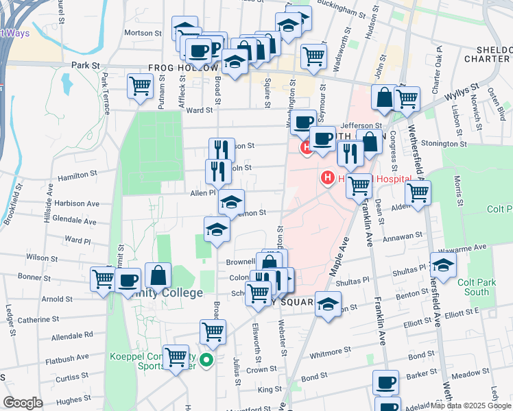 map of restaurants, bars, coffee shops, grocery stores, and more near 15 Vernon Street in Hartford