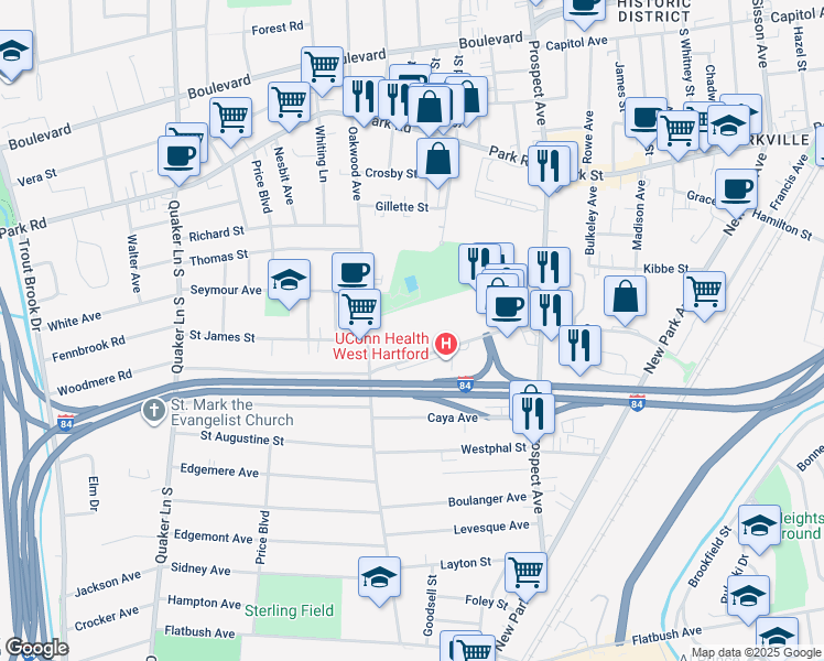 map of restaurants, bars, coffee shops, grocery stores, and more near 130 Kane Street in West Hartford