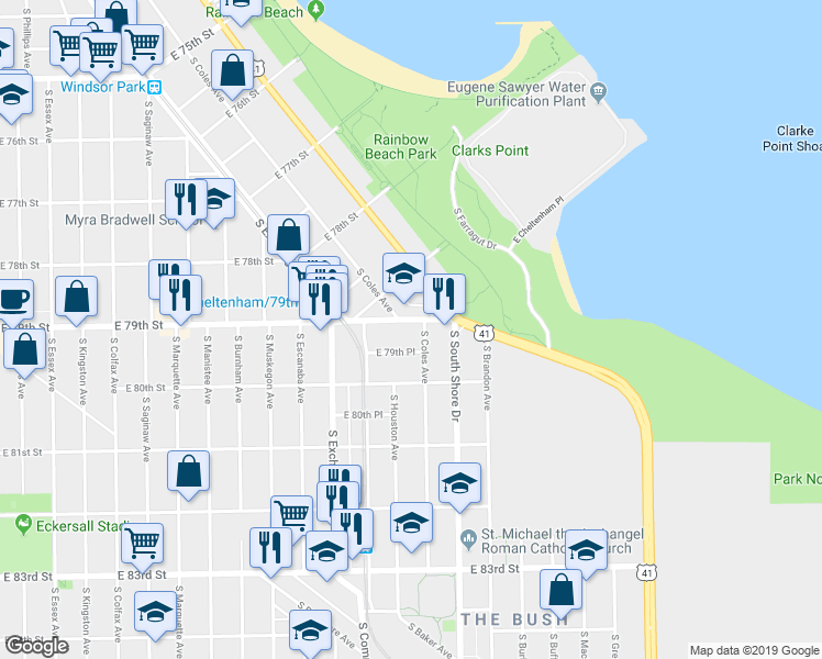 map of restaurants, bars, coffee shops, grocery stores, and more near 3030 East 79th Place in Chicago