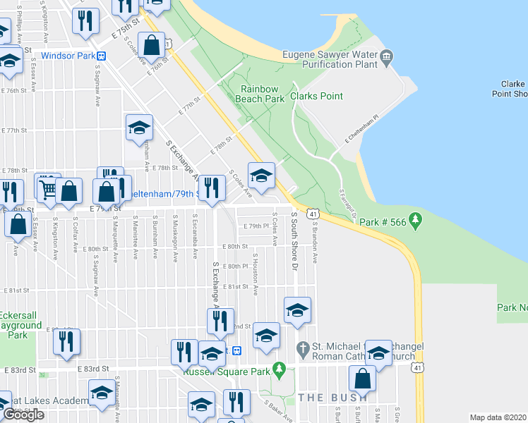 map of restaurants, bars, coffee shops, grocery stores, and more near 3030 East 79th Place in Chicago