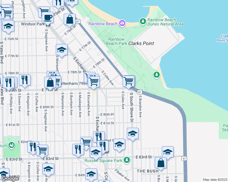 map of restaurants, bars, coffee shops, grocery stores, and more near 3030 East 79th Place in Chicago