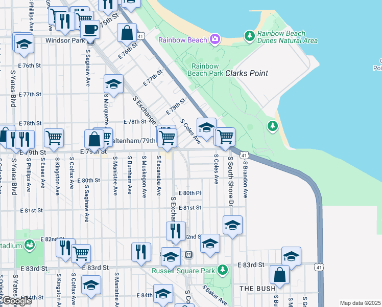 map of restaurants, bars, coffee shops, grocery stores, and more near 2953 East 79th Place in Chicago